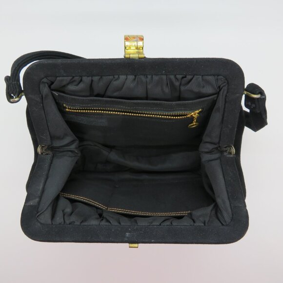 Vintage Handheld Black Suede Velvet Purse Bag Evening Top Handle Gold Clasp - Picture 10 of 12